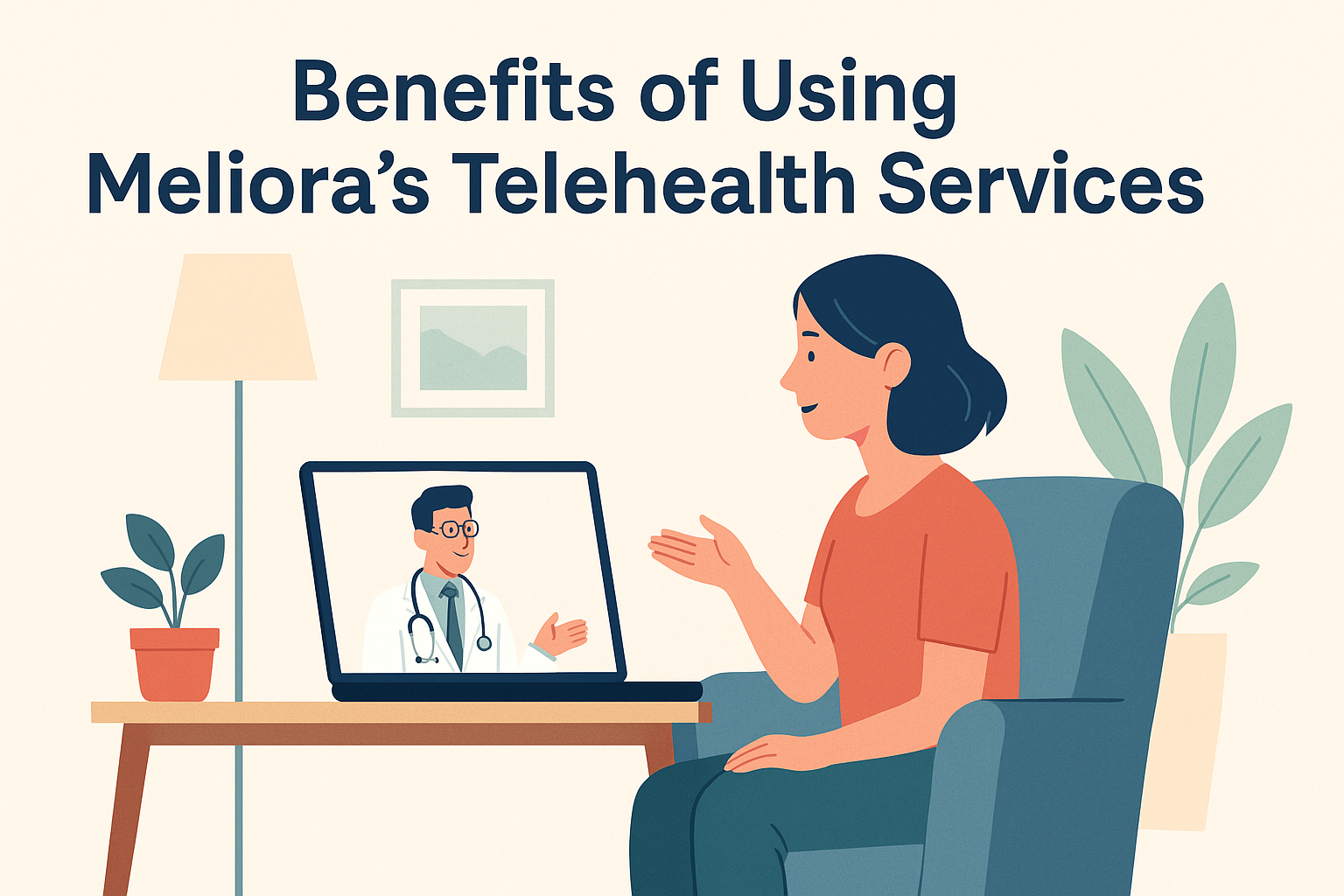 Woman using Meliora Primary Care’s telehealth service from home on a laptop, speaking to a doctor in a modern home setting.
