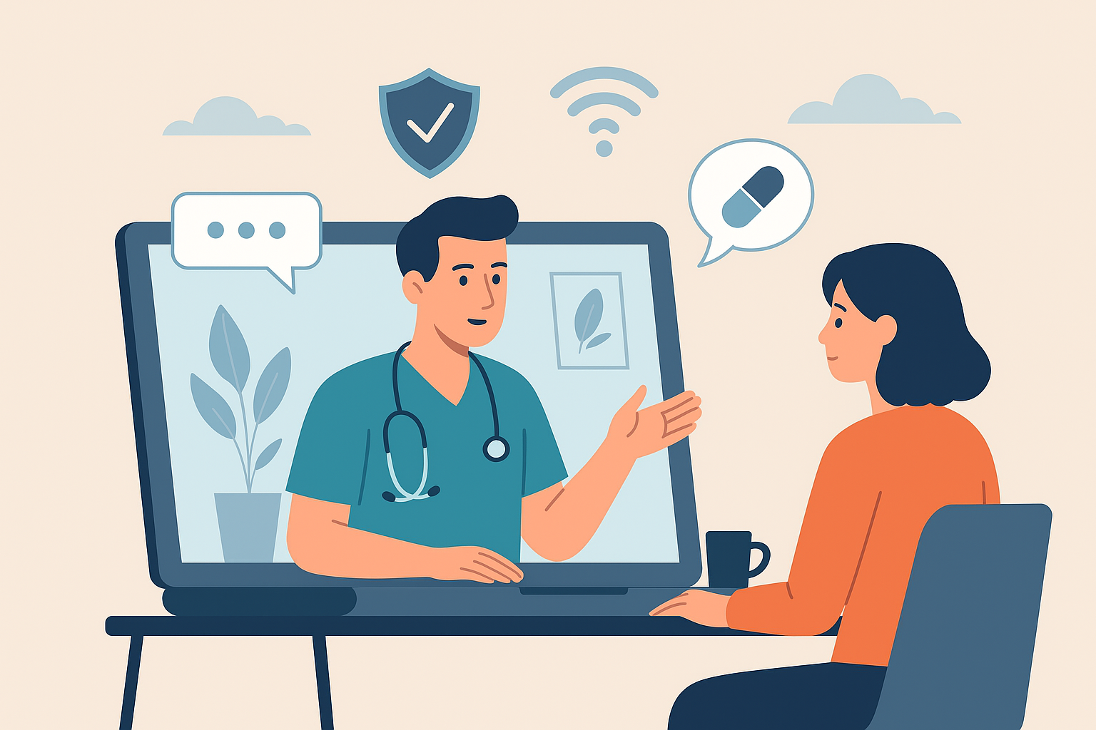 Telehealth consultation between doctor and patient using a secure video call at Meliora Primary Care.