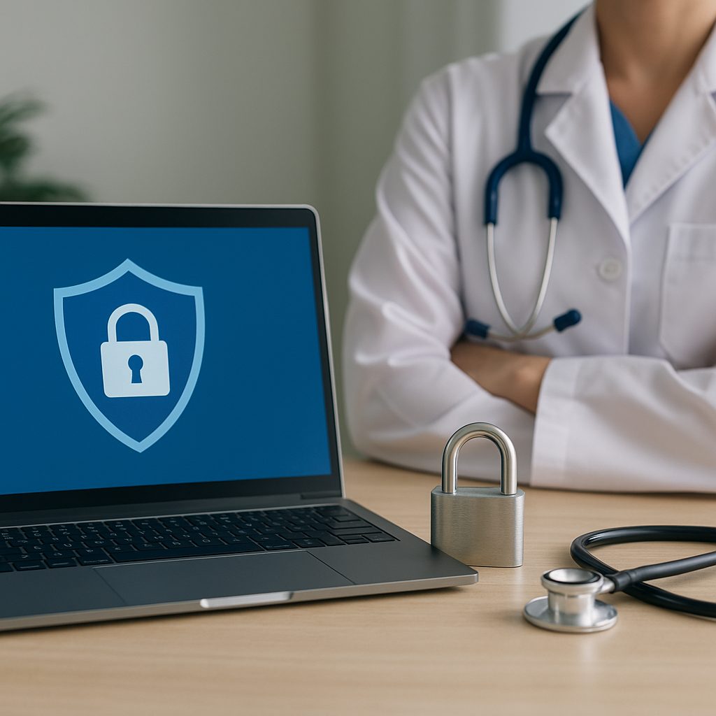 Laptop displaying a shield with lock icon beside a padlock and stethoscope, symbolizing HIPAA-compliant healthcare data security.