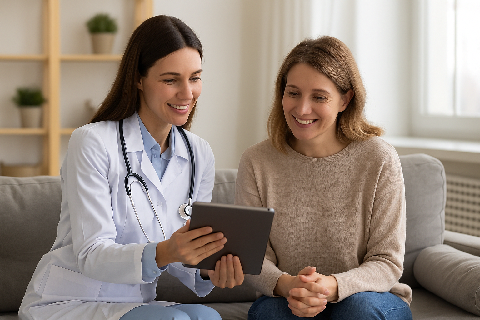 Smiling doctor showing a digital tablet to a happy female patient during a home-based health consultation.