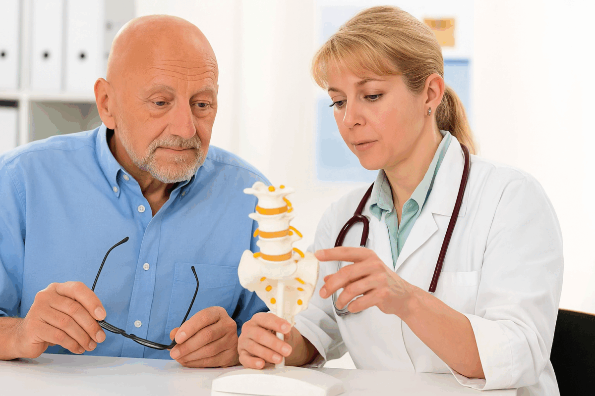 Doctor explaining a spine model to an older male patient, representing chronic condition management and ongoing telehealth care. Doctor explaining a spine model to an older male patient, representing chronic condition management and ongoing telehealth care.