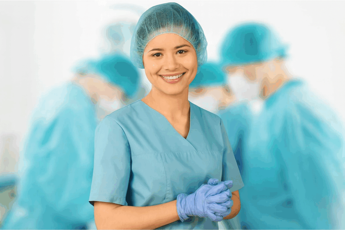 Smiling female healthcare provider in surgical scrubs and gloves, standing confidently in a clinical setting with a medical team in the background, representing urgent and acute care services. Smiling female healthcare provider in surgical scrubs and gloves, standing confidently in a clinical setting with a medical team in the background, representing urgent and acute care services.